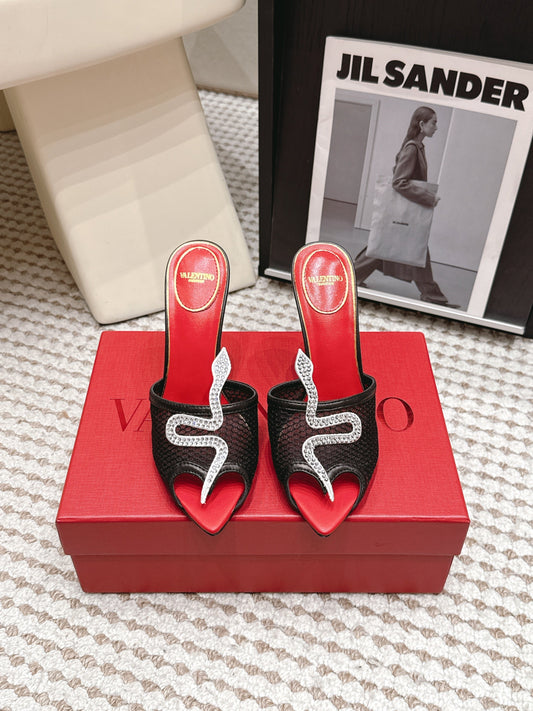 Valentino 26 Pointed Toe Rhinestone Buckle Sandals 10cm Black in Mesh 813051