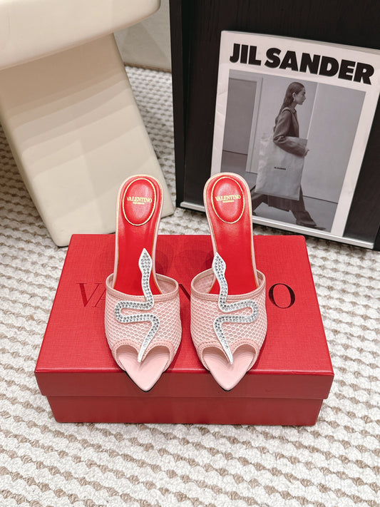 Valentino 26 Pointed Toe Rhinestone Buckle Sandals 10cm Light Pink in Mesh 813050