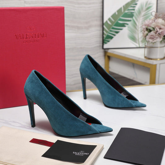 VLTN Revele Clear Strap Peep Toe Pumps 10.5cm Blue Suede Leather 913099
