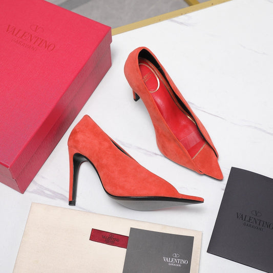 VLTN Revele Clear Strap Peep Toe Pumps 10.5cm Orange Suede Leather 913097