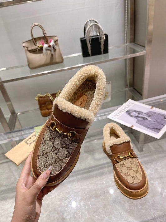 GG Snow Boots Brown Calfskin Denim Wool 576249