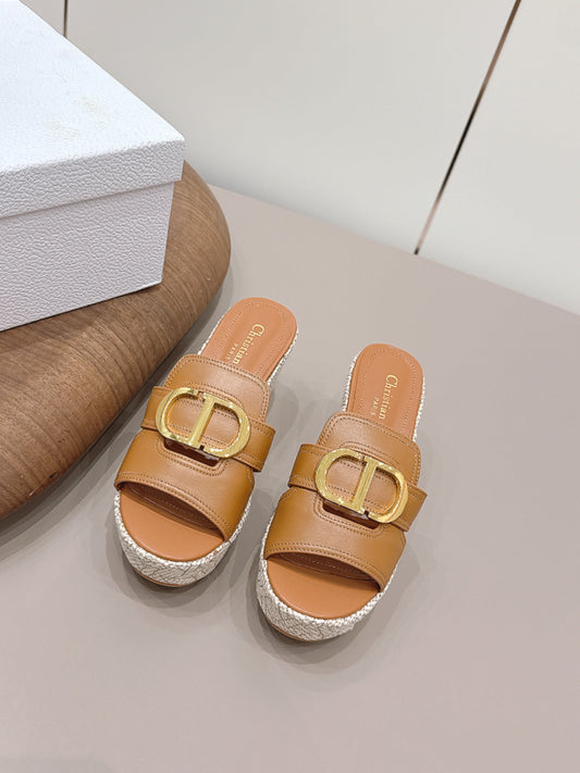 CD 30 Montaigne Wedge Slides 8cm Tan Calfskin 738318