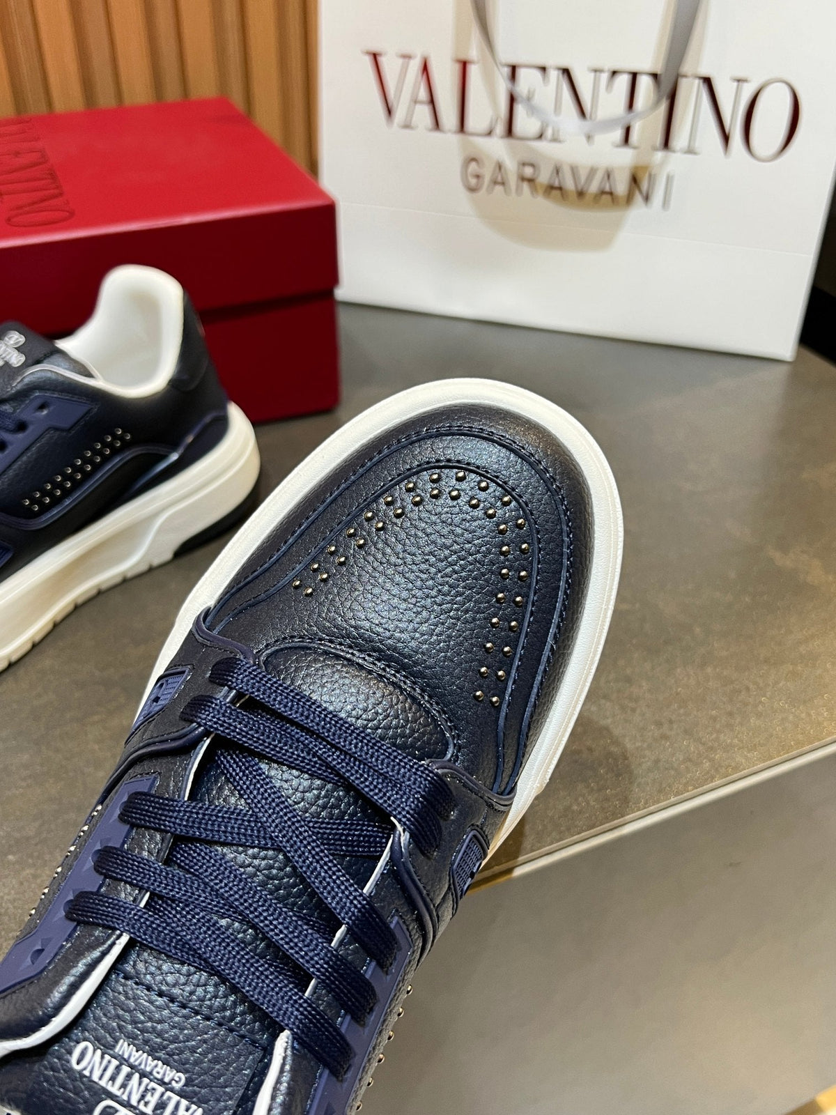 VT 26s Upvillage Trainers Navy Blue White Leather Studded 105517