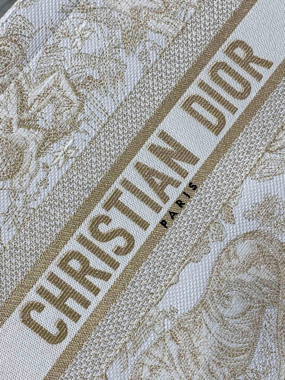 CD Medium Dior Book Tote Tiger Motif White Beige Cotton