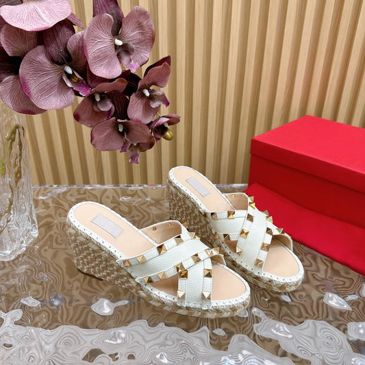 Rockstud Crisscross Espadrilles 80mm Sandal Wedges White