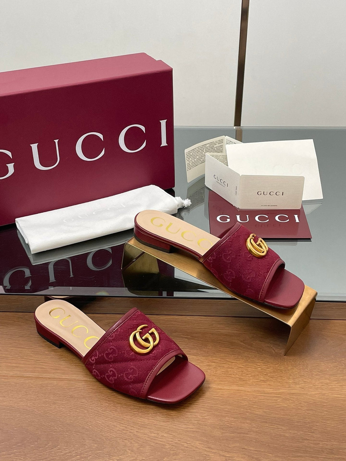 GG Matelasse Slide Sandals Burgundy Canvas Sheepskin 646489