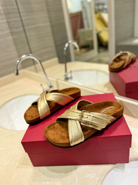 VT 26s Fussfriend Slides Gold Brown Metallic Leather Suede 985425