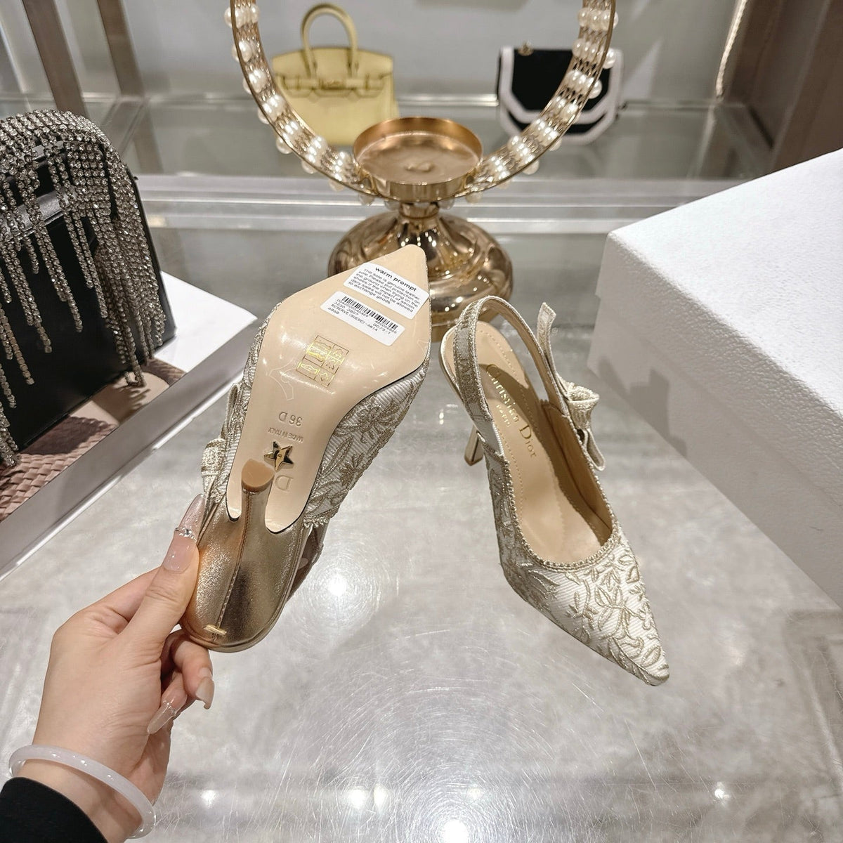CD 26 Slingback Metallic Floral Embroidery 85mm Ivory Gold Tweed 592232