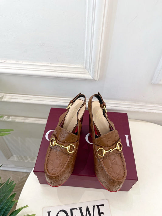 GG Horsebit Platform Loafer Slingback Brown Embossed Leather 640261