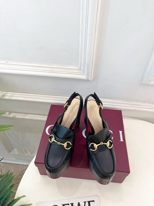 GG Horsebit Platform Loafer Slingback Black Leather 640262