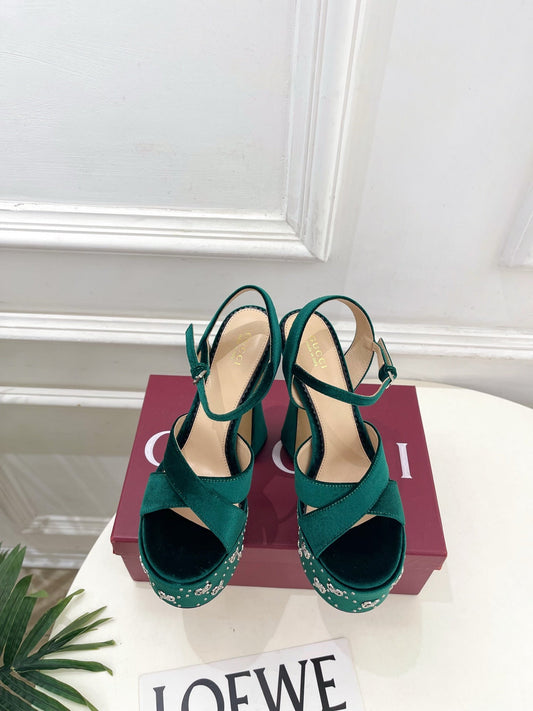 GG Janaya Platform Sandals 15.5cm Teal Green Suede 891840