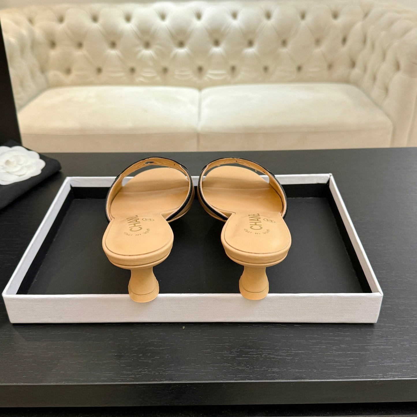 Chanel 2026 Heeled Sandal Beige Black Lambskin