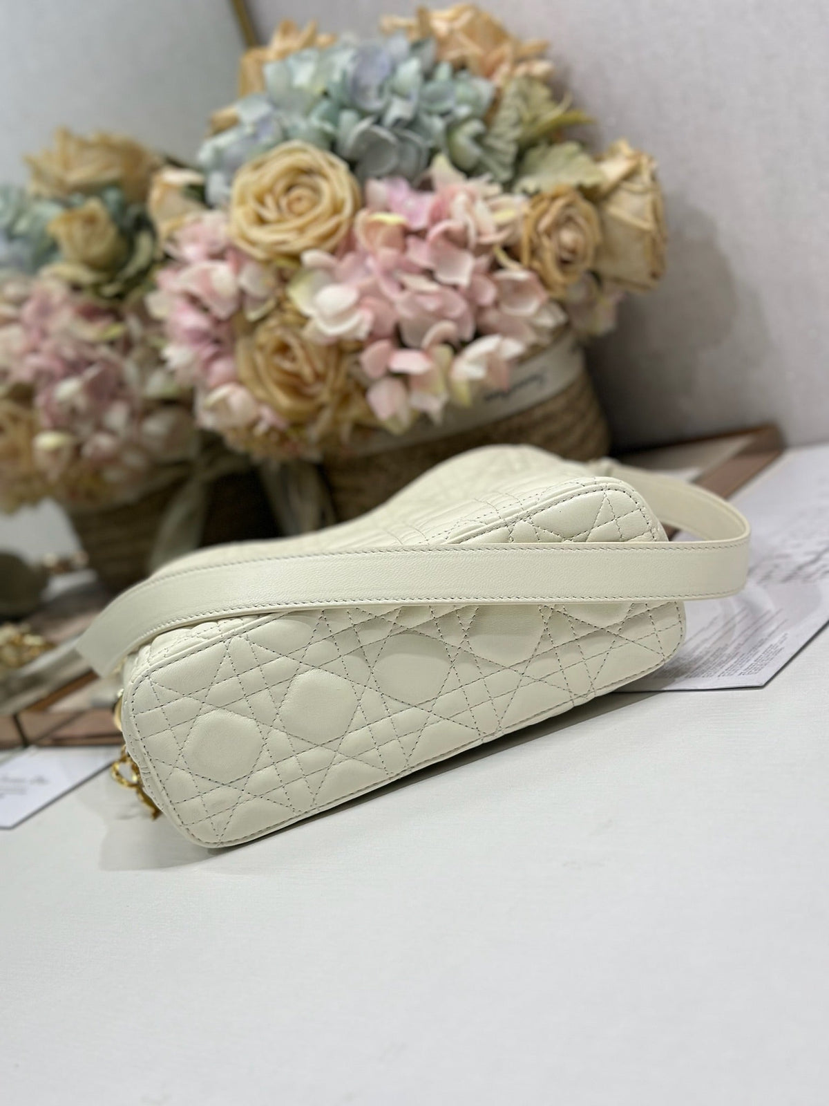 CD Lady Dior Shoulder Bag 27cm Milky White in Sheepskin 155549