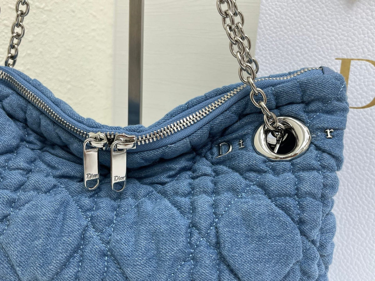 CD Small Cannage Quilted Tote Bag Blue Cowhide 158107