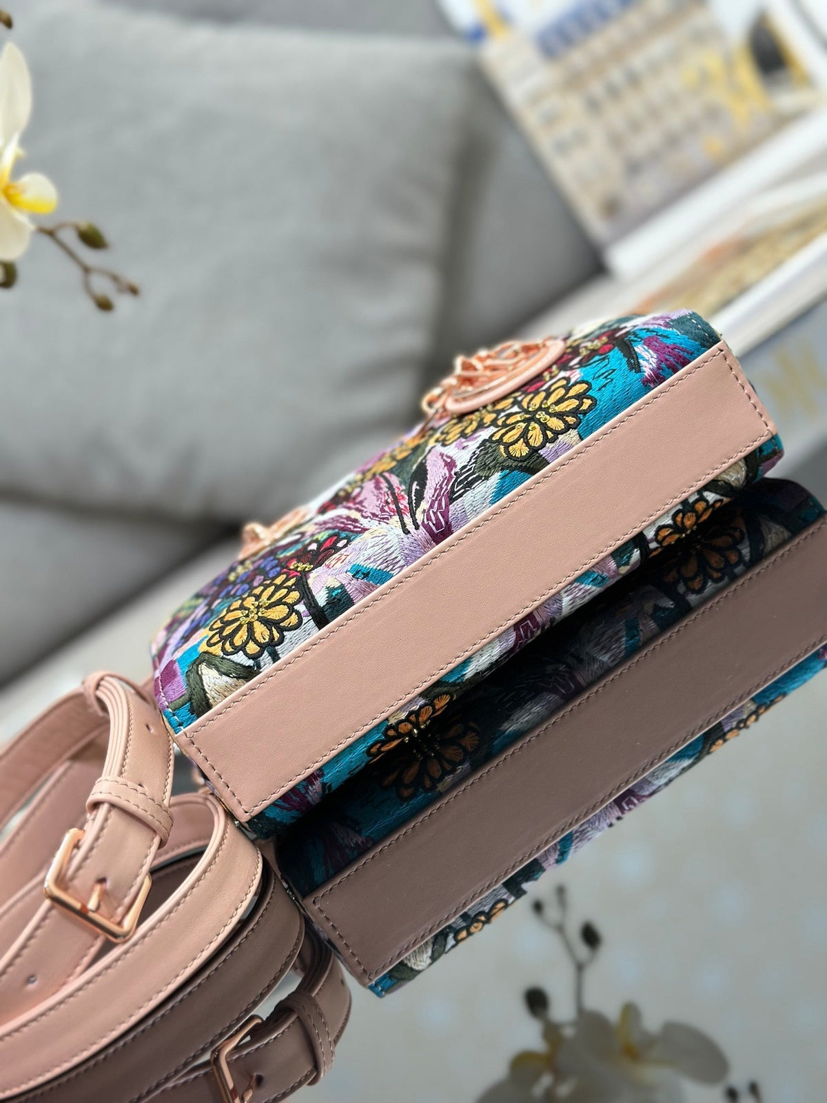 CD Lady D-Joy Sage 26cm Pink Floral Embroidered Leather RGHW 158576