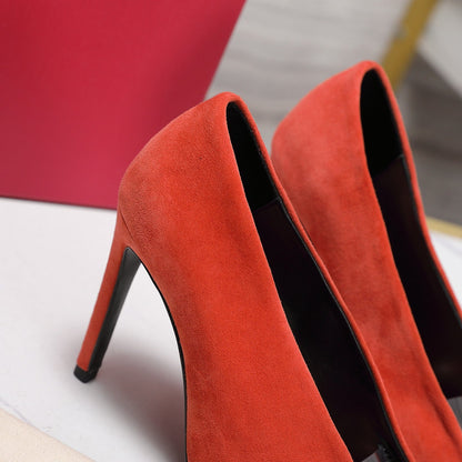 VLTN Revele Clear Strap Peep Toe Pumps 10.5cm Orange Suede Leather 913097