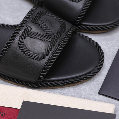 VLTN VLogo Torchon Flat Slides Black Leather 913086