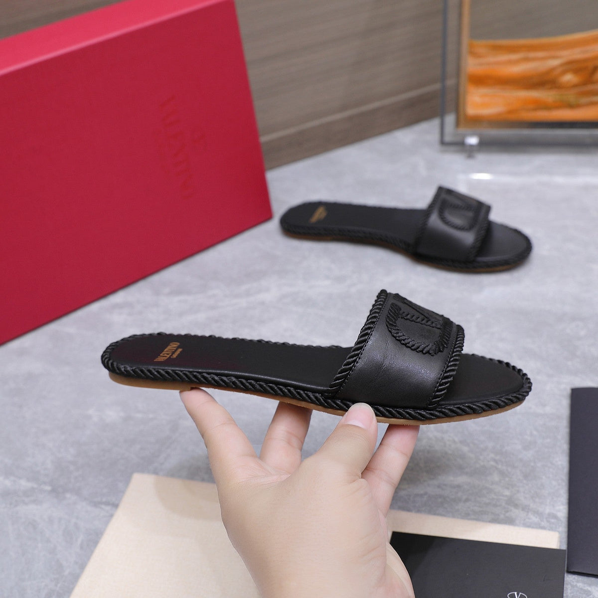 VLTN VLogo Torchon Flat Slides Black Leather 913086