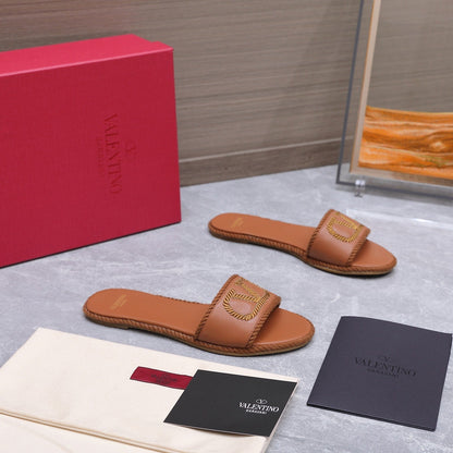 VLTN VLogo Torchon Flat Slides Brown Leather 913085
