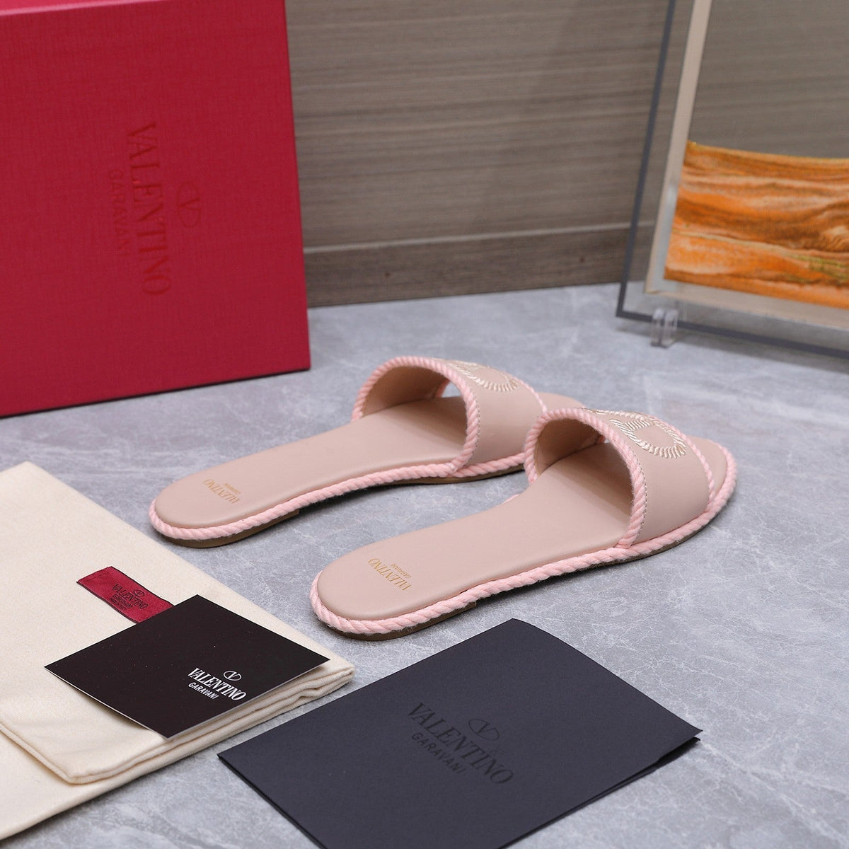 VLTN VLogo Torchon Flat Slides Light Pink Leather 913084
