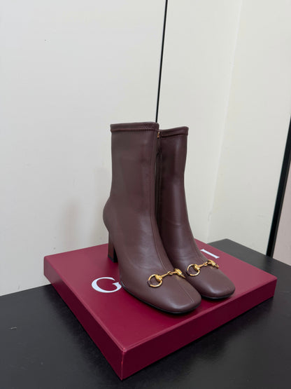 GG Signora Horsebit Ankle Boots 8.5CM Dark Chocolate Leather 984467