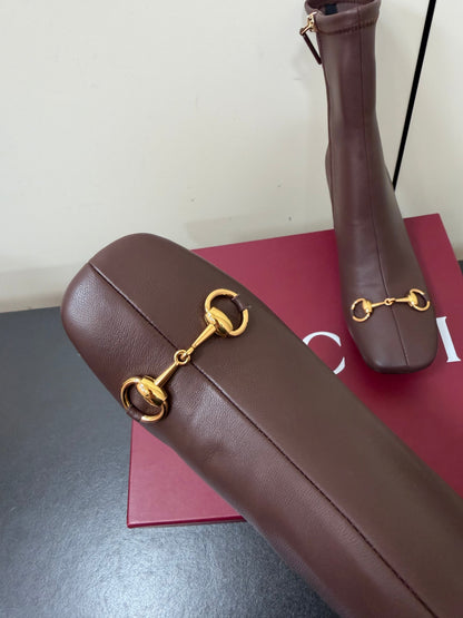 GG Signora Horsebit Ankle Boots 8.5CM Dark Chocolate Leather 984467