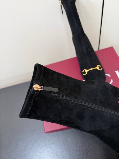 GG Signora Horsebit Ankle Boots 8.5CM Black Suede 984466