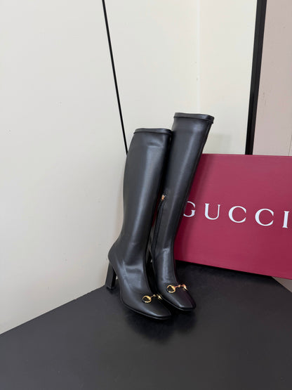 GG Signora Horsebit Knee-High Boots 8.5CM Black Leather 984465