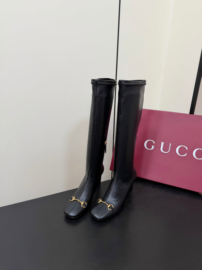 GG Signora Horsebit Knee-High Boots 8.5CM Black Leather 984465