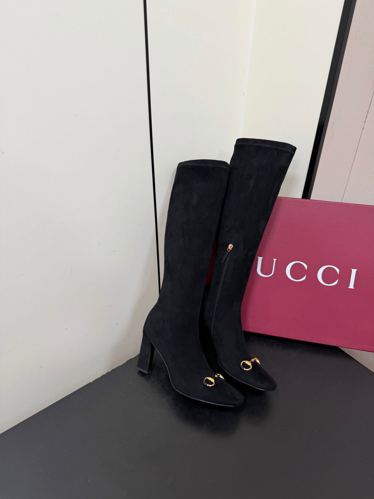 GG Signora Horsebit Knee-High Boots 8.5CM Black Suede 984464