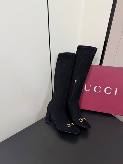 GG Signora Horsebit Knee-High Boots 8.5CM Black Suede 984464
