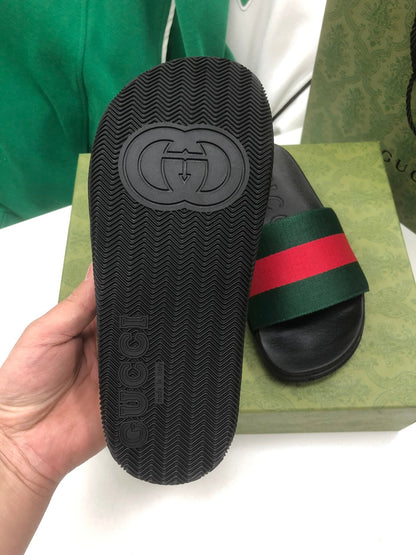 GG Web Slide Sandals Black Green Rubber Cotton 788219