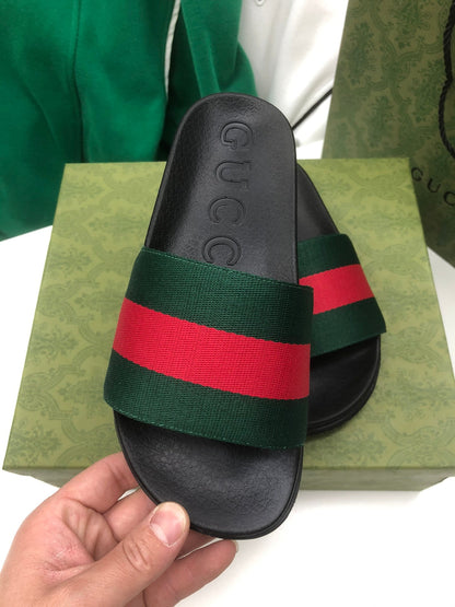 GG Web Slide Sandals Black Green Rubber Cotton 788219
