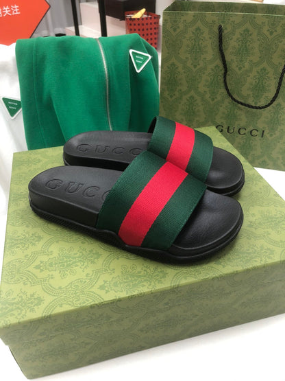 GG Web Slide Sandals Black Green Rubber Cotton 788219