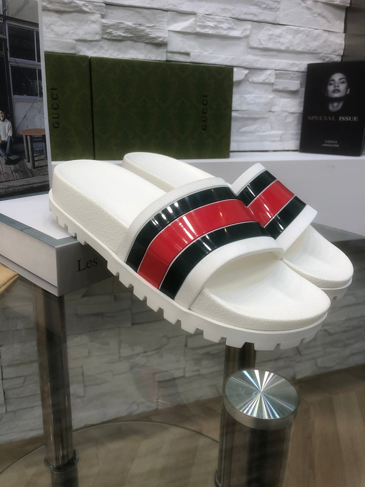 GG Web Slide Sandals White Rubber 788220