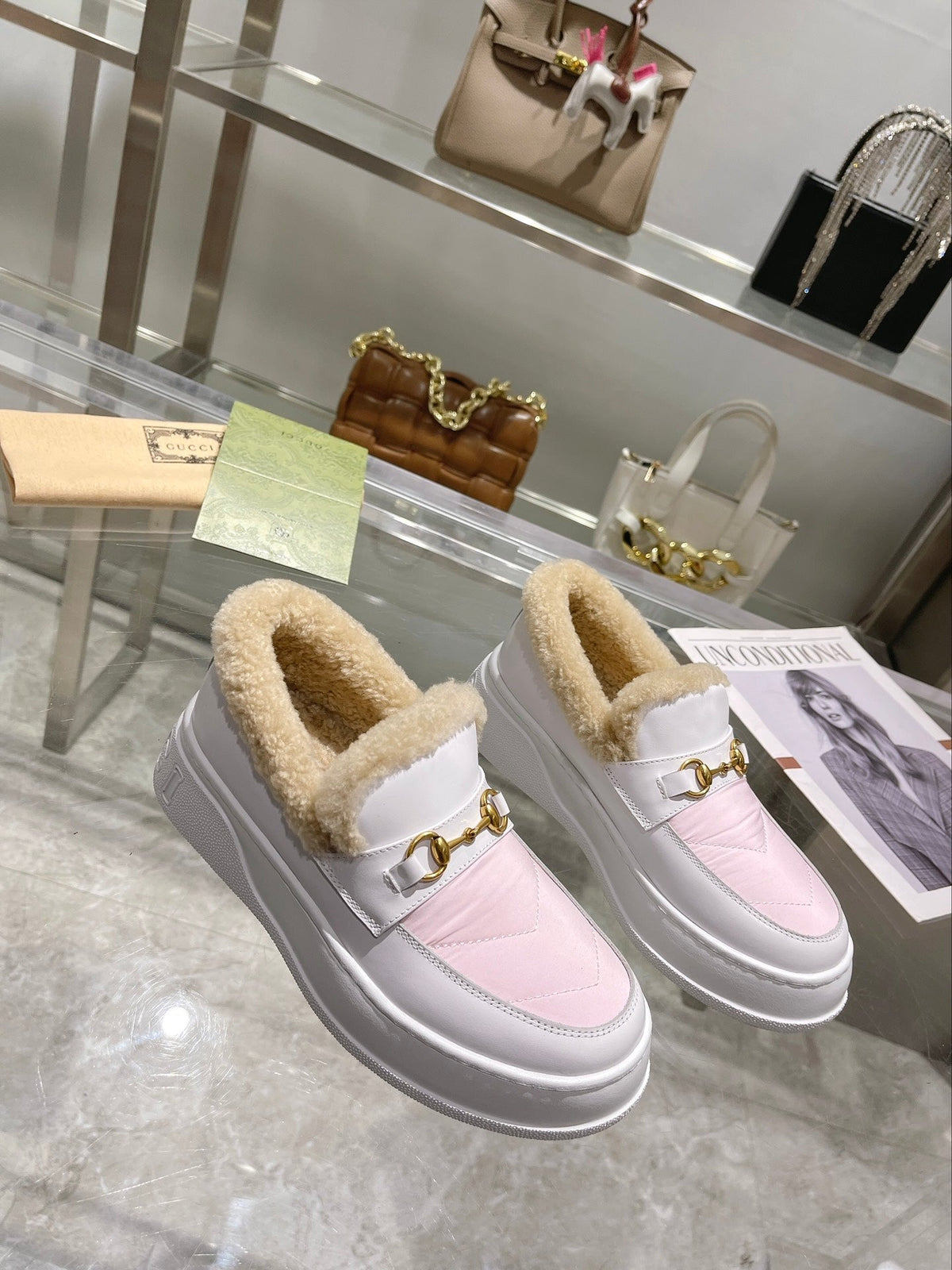 GG Snow Boots White Pink Calfskin Wool 576241