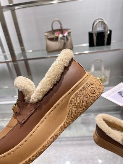 GG Snow Boots Brown Beige Calfskin Wool 576244