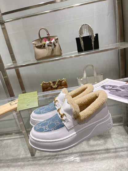 GG Snow Boots White Blue Calfskin Denim Wool 576245
