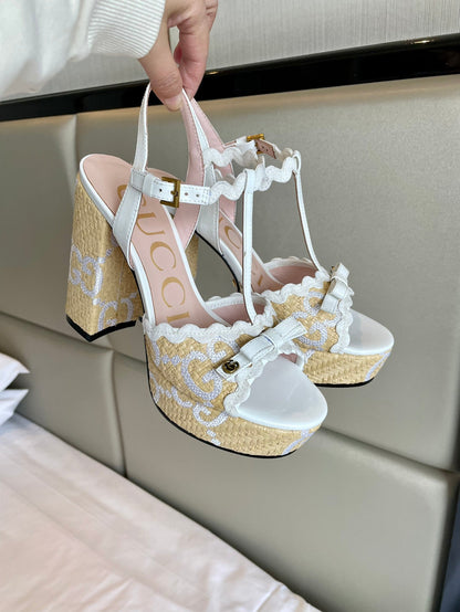 GG Kertu Platform Sandals 12cm Beige White Raffia Leather 695696