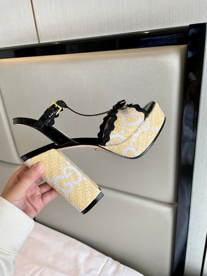 GG Kertu Platform Sandals 12cm Beige Black Raffia Leather 695697