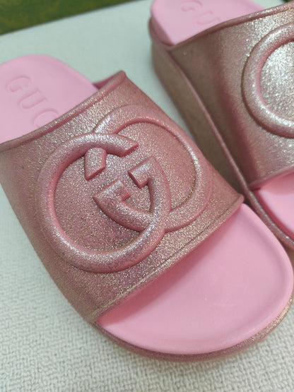 GG Lide Sandal With Interlocking Pink Glitter Rubber 788130