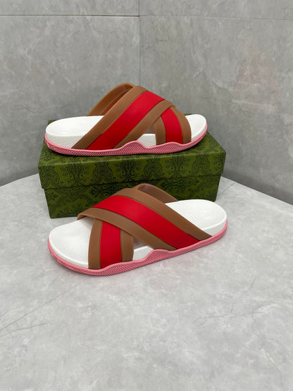 GG Men Striped Rubber Slides White Red Rubber 788222