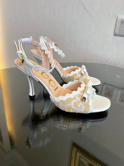 GG Kertu Heel Sandals 8cm Beige White Raffia Leather 695684
