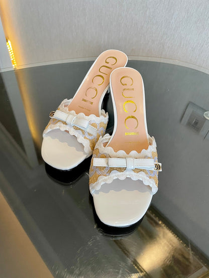 GG Kertu Sandals 6cm Beige White Raffia Leather 695690