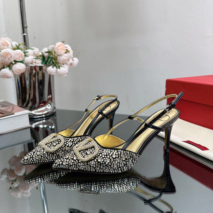 Vlogo Signature Slingback 70 Gold Black Calfskin With Crystals