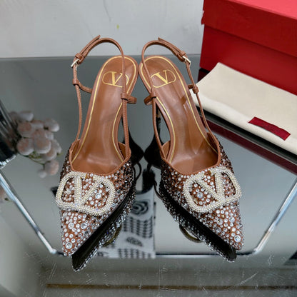Vlogo Signature Slingback 70 Chocolate Calfskin With Crystals
