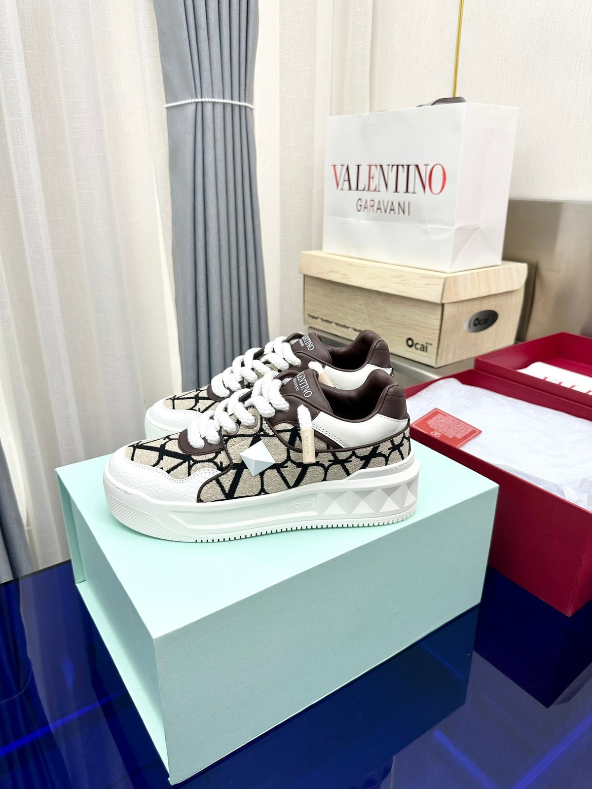 One Stud Xl Low-Top Sneaker Beige Black Nappa Leather And Toile Iconographe Fabric