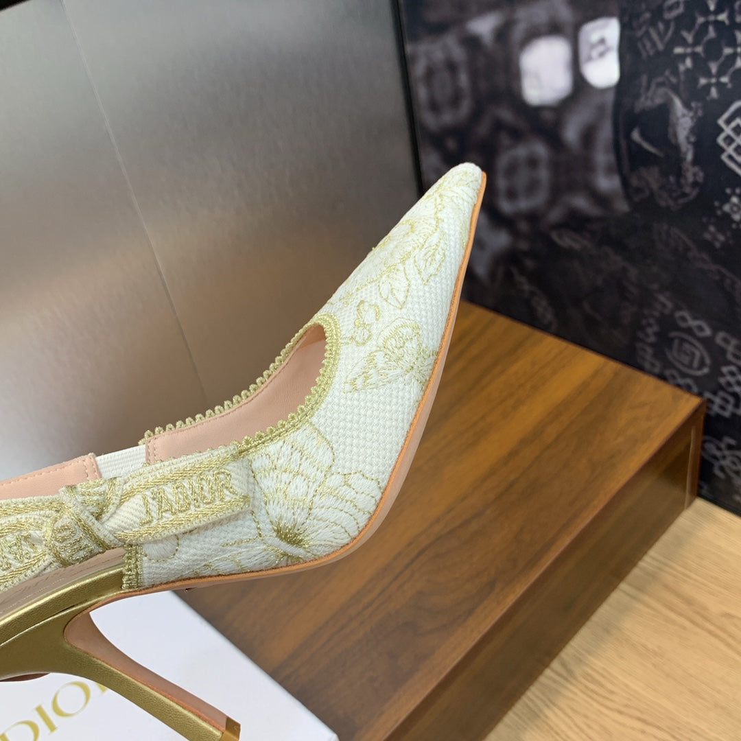 JAdior Slingback Pump 95 White and Gold-Tone Toile de Jouy Mexico Embroidered Cotton with Metallic Thread