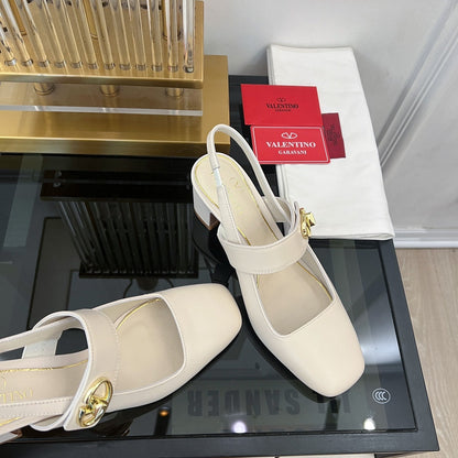 Valentino Mary-Jane Vlogo Locker Slingback Pumps White Sheepskin 60 Mm