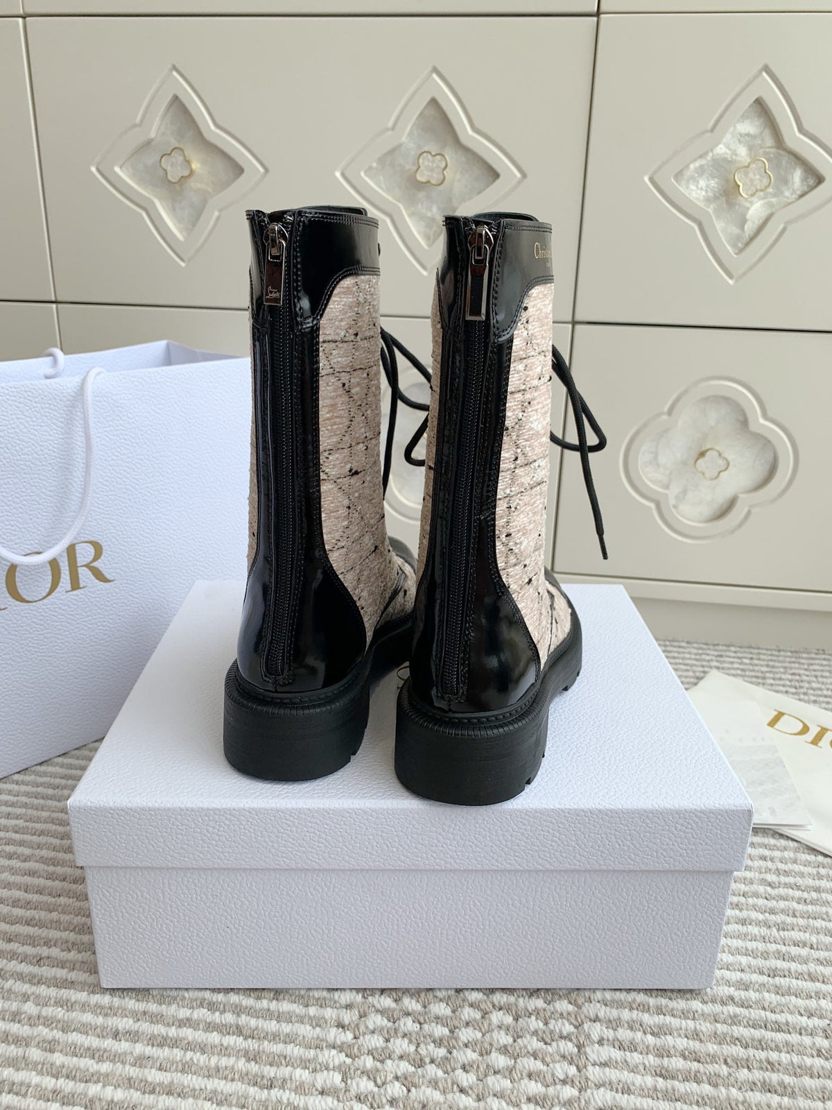CD D-Unit Ankle Boot In Beige Mix Black Tweed Fabric And Glossy Cowhide 105088